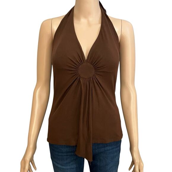 Cache Tops - Y2K Cache Halter Top Small Brown Jersey Knit Plunging Night Out Clubwear